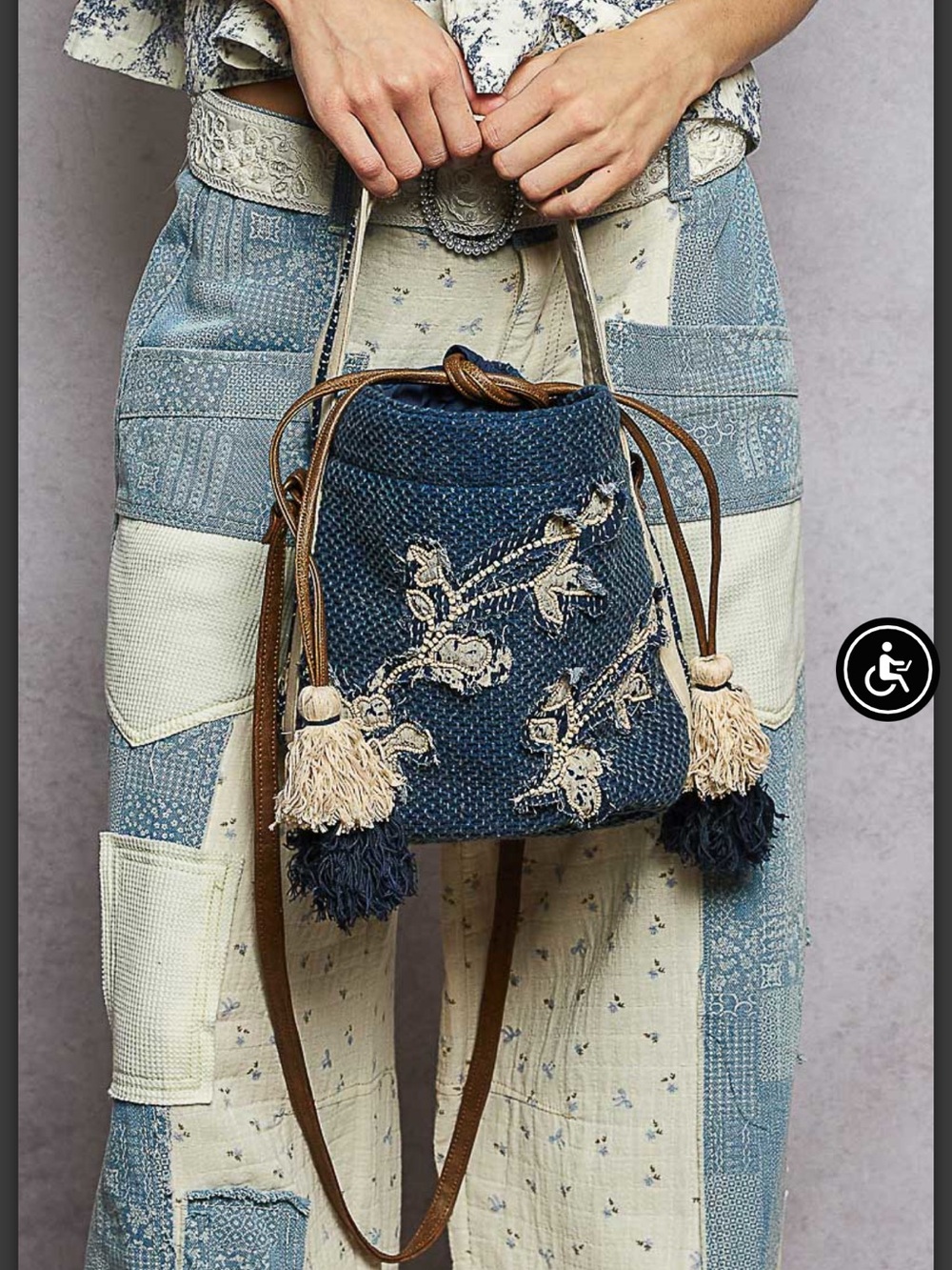POL Navy Embroidered Drawstring Mini Bag with Tan Tassels